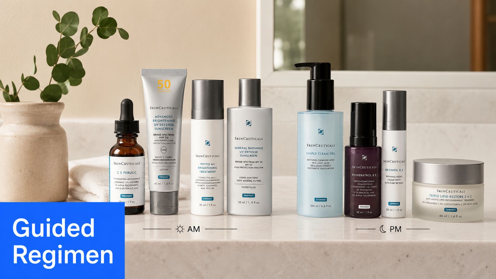 A curated collection of SkinCeuticals medical grade skincare products arranged on a countertop for AM and PM routines.