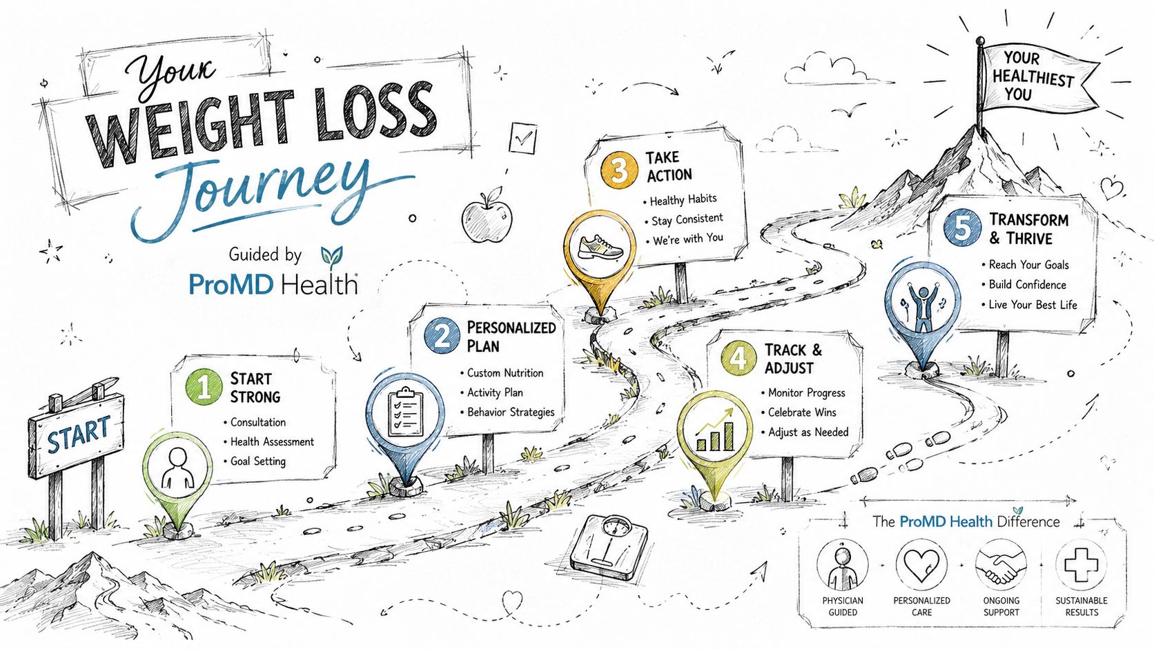 A five-step roadmap illustration for a medical weight loss journey guided by ProMD Health.