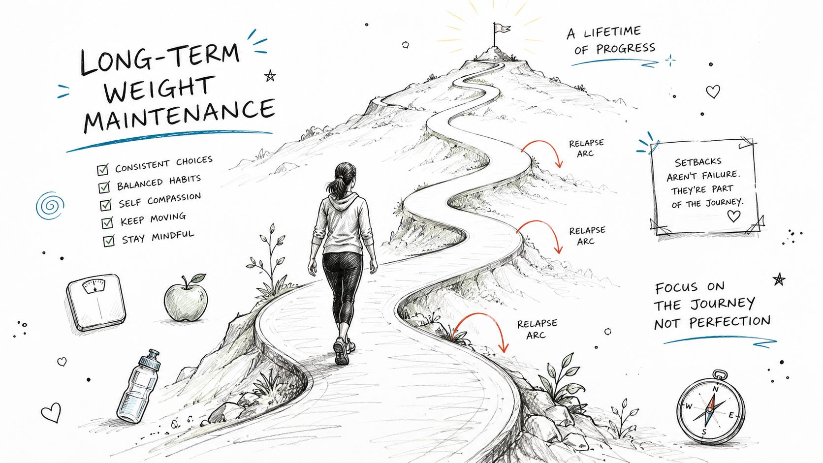 A hand-drawn illustration depicting a person walking a winding path uphill, symbolizing long-term weight maintenance and journey.