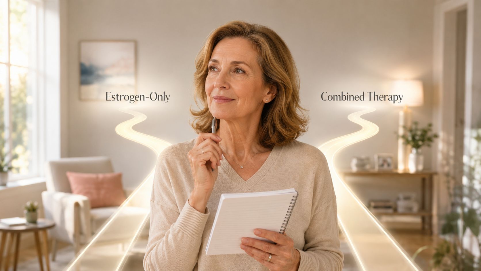 A thoughtful woman holding a pen and notebook, considering menopause hormone therapy options with two glowing paths.