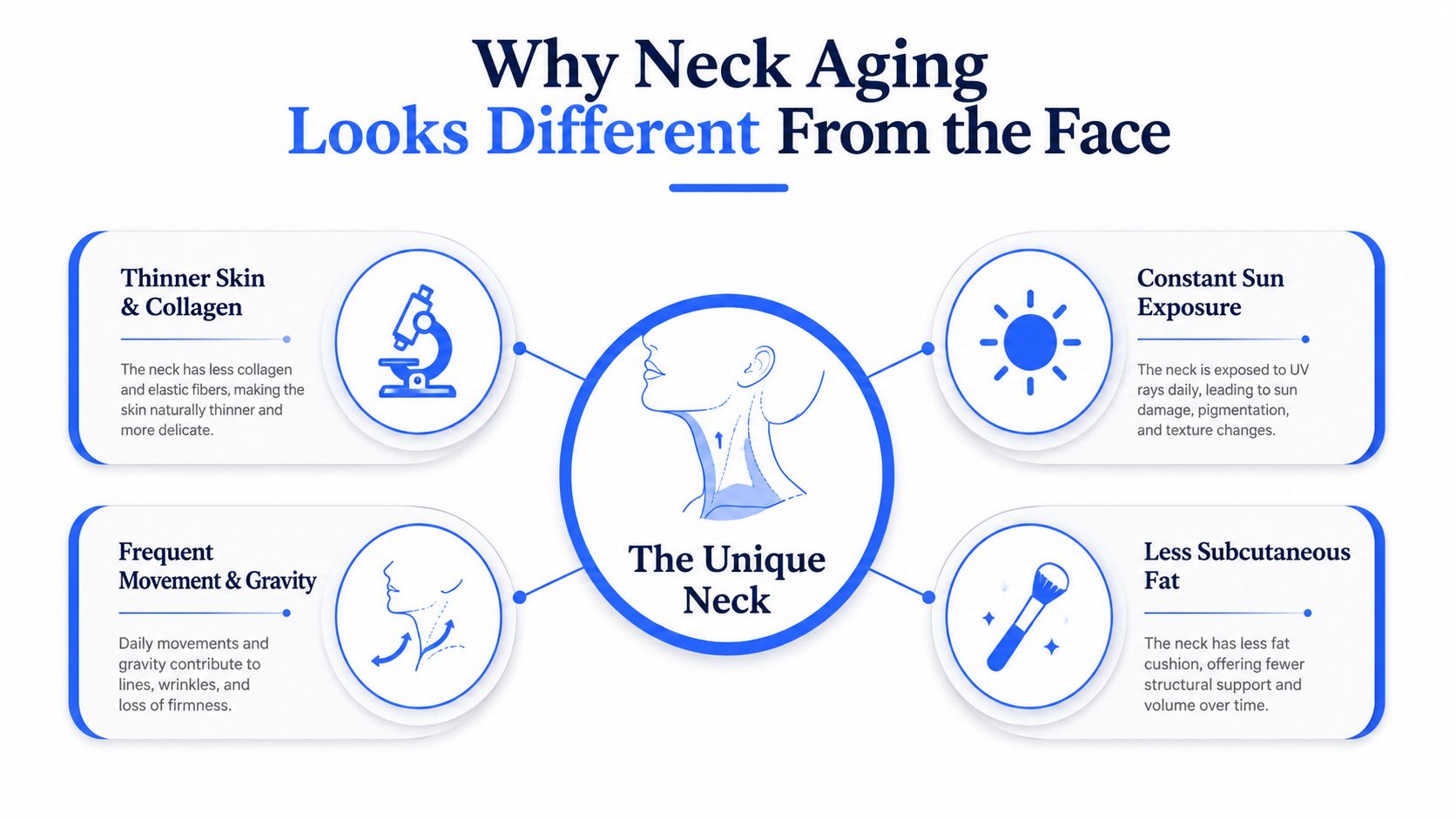 An infographic explaining four key biological reasons why neck skin aging differs from facial skin aging.