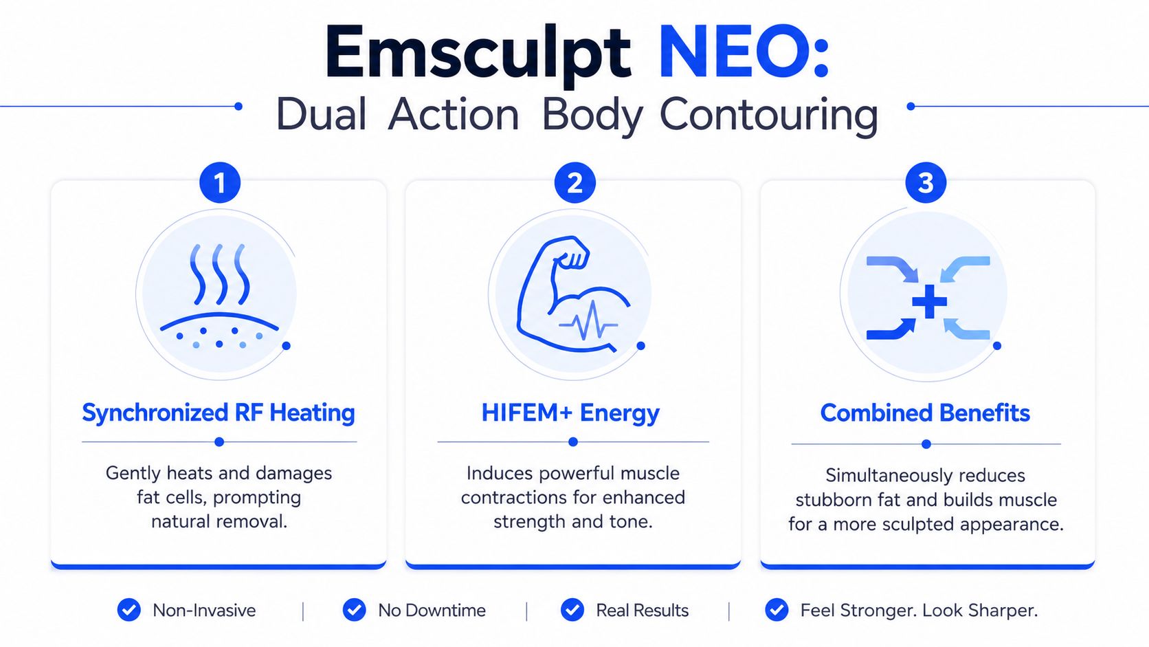 A graphic explaining the dual action of Emsculpt NEO, combining RF heating and HIFEM+ energy for body contouring.