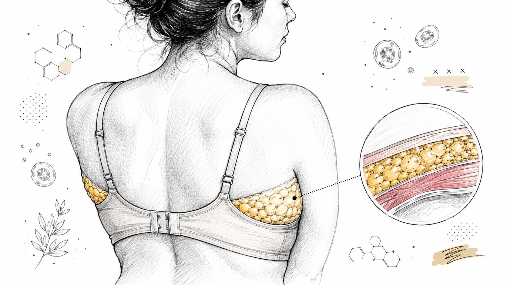 A detailed sketch of a woman's back showing adipose tissue under the skin and bra fat area.