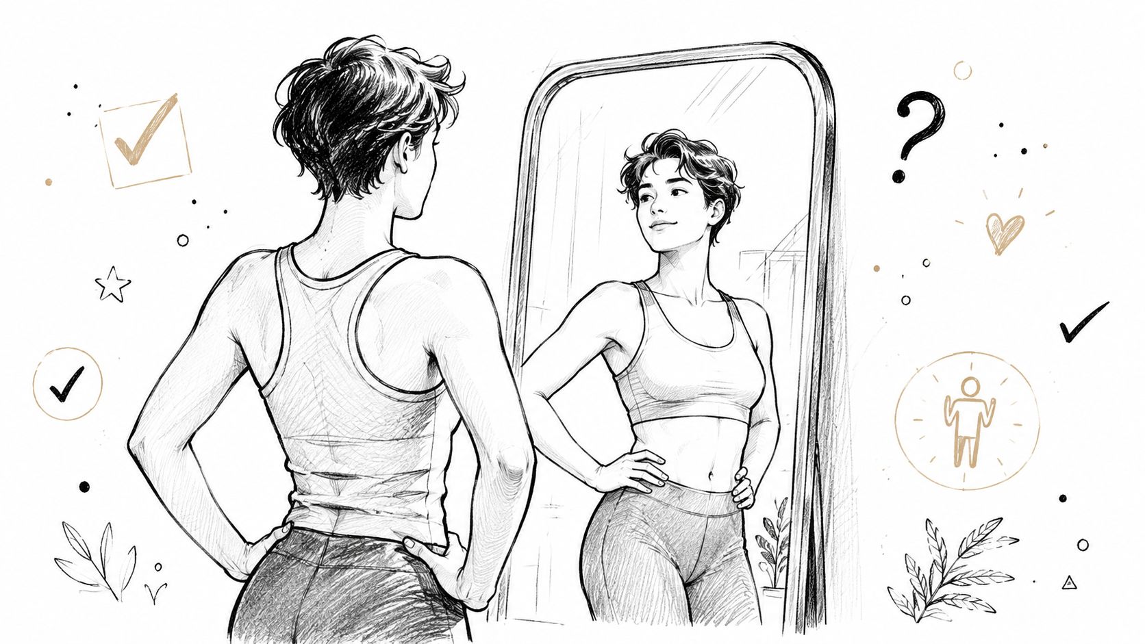 A sketched illustration of a woman looking at her reflection in a mirror, reflecting on body changes.