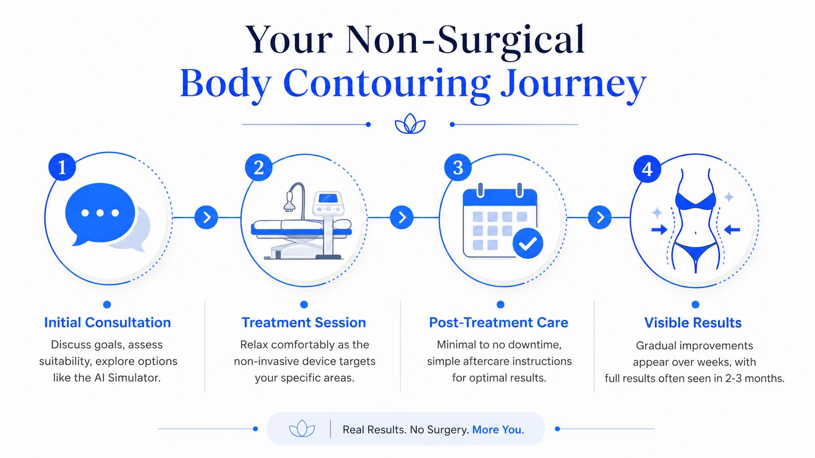 A four-step infographic illustrating the non-surgical body contouring journey from consultation to visible results.
