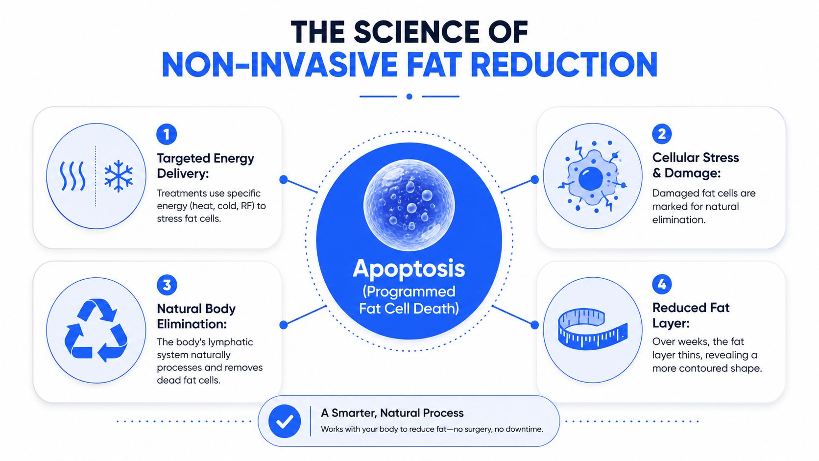 A diagram explaining the scientific four-step process of non-invasive fat reduction through apoptosis and cellular elimination.