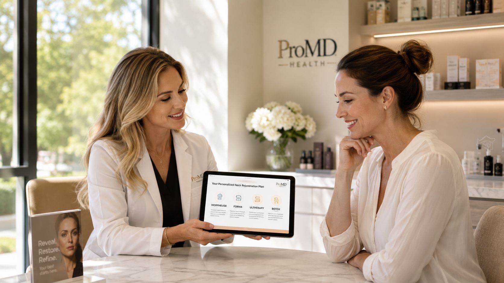 A professional aesthetician consults with a female patient about a personalized non-surgical neck rejuvenation plan on a tablet.