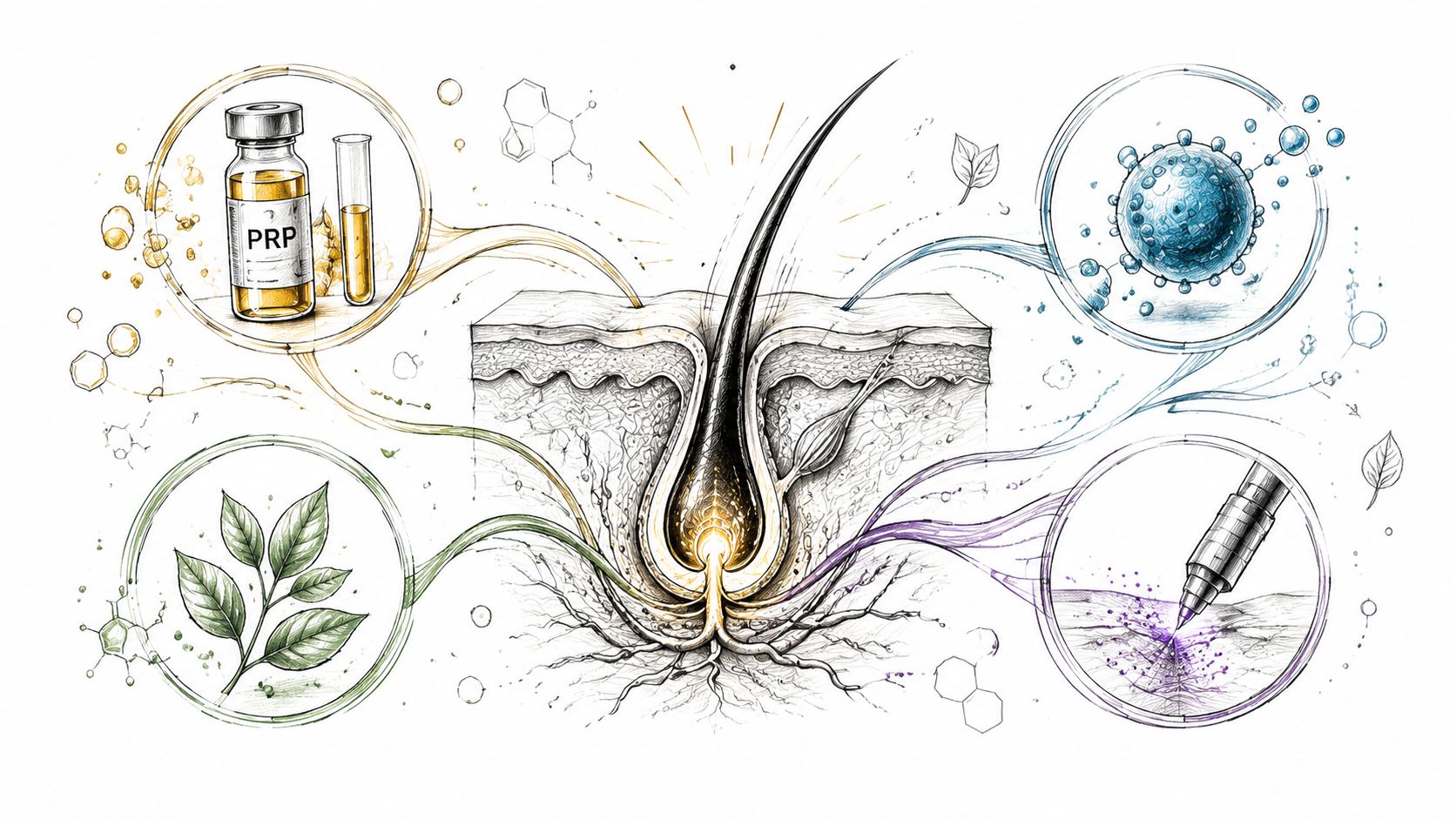 A detailed medical illustration showing various regenerative treatments targeting a cross-section of a human hair follicle.