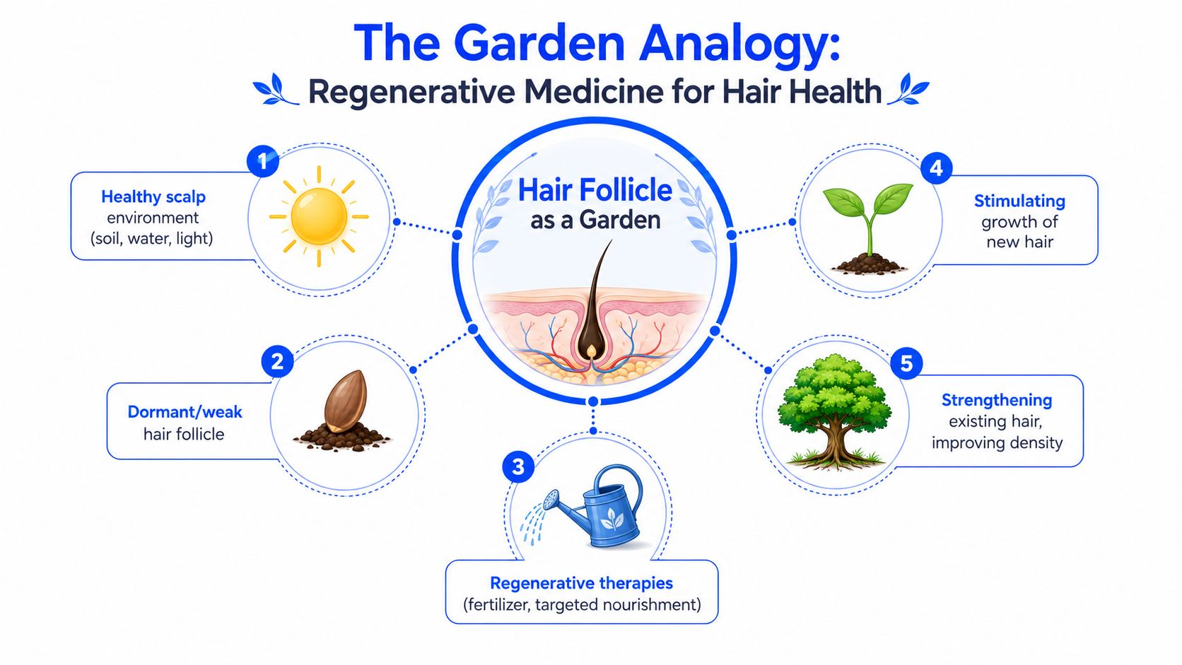 An infographic illustrating hair health through a garden analogy comparing hair follicles to soil and plants.
