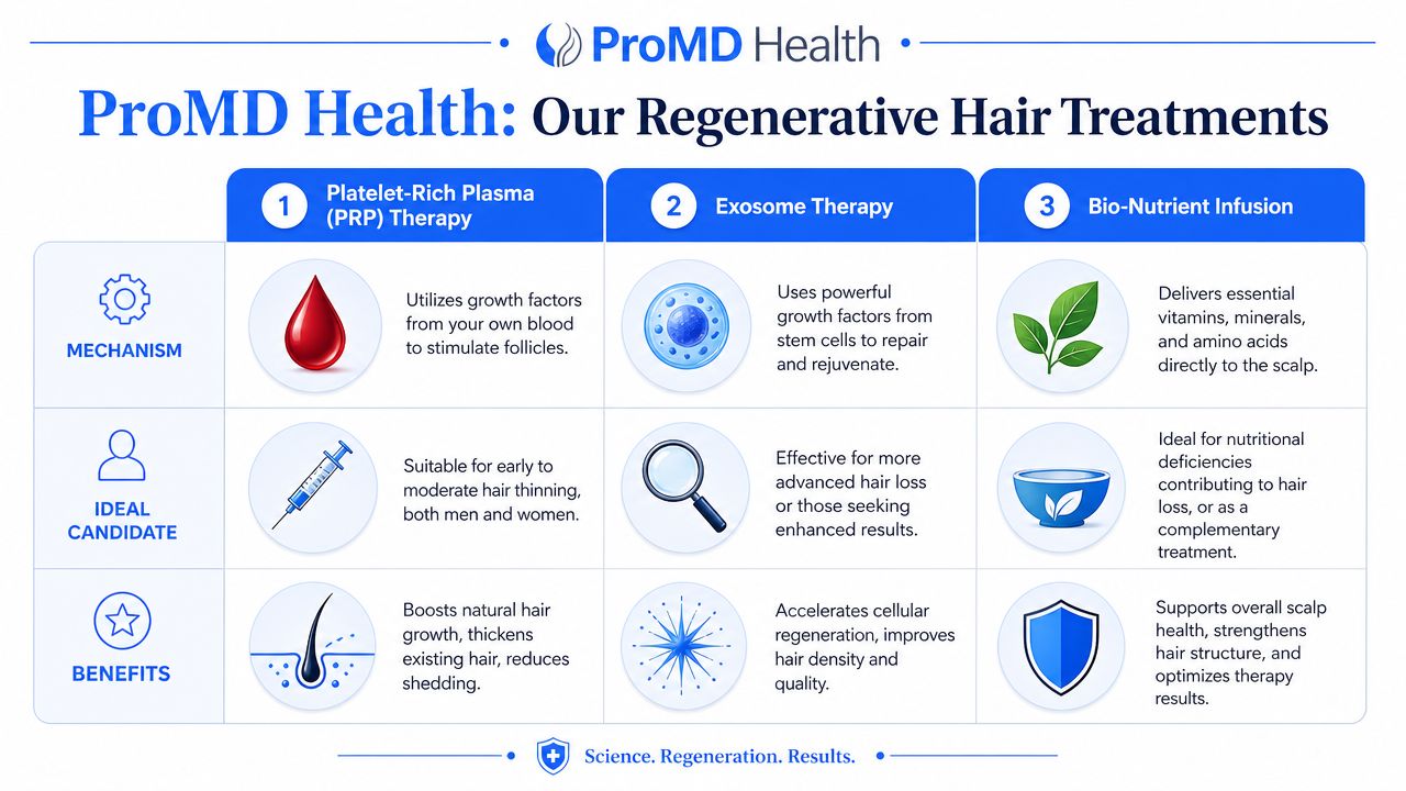 A comparison chart of ProMD Health regenerative hair treatments including PRP, Exosome Therapy, and Bio-Nutrient Infusion.