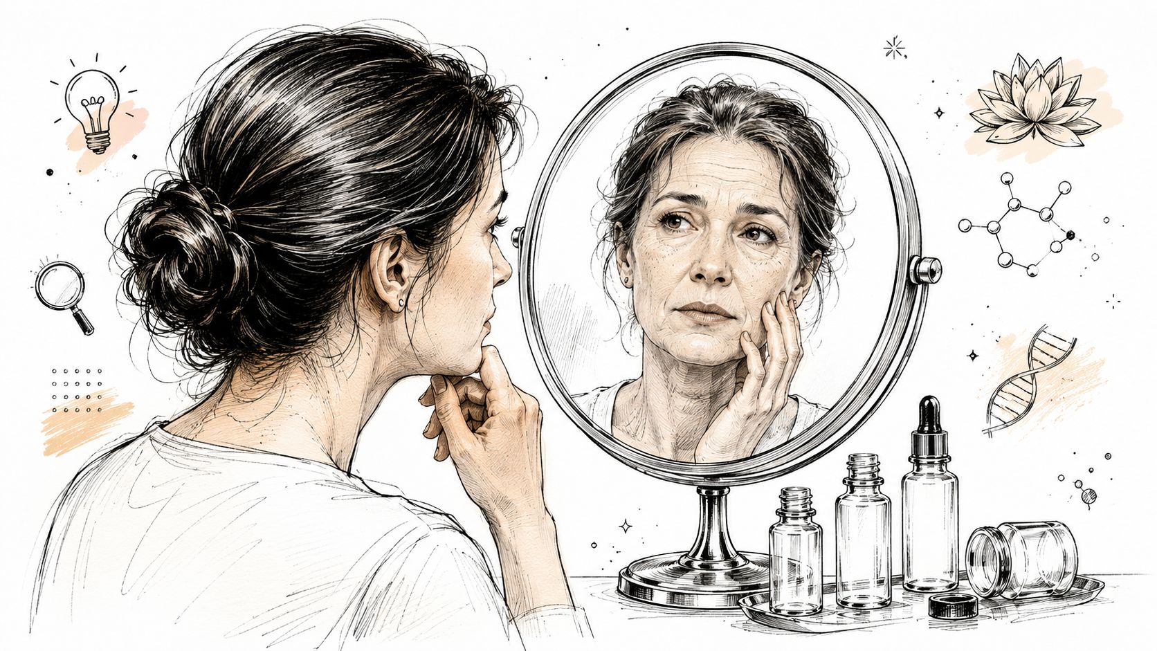 A woman looks at her aging reflection in a mirror surrounded by scientific and beauty icons.