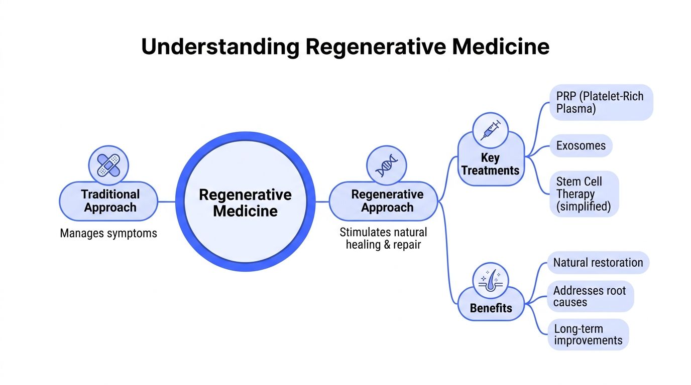 A diagram illustrating regenerative medicine, comparing the traditional approach of managing symptoms with the natural healing process.
