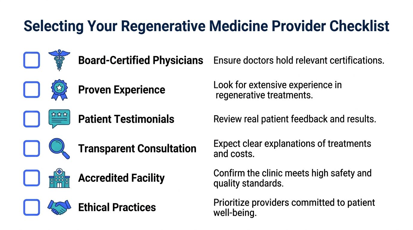 A checklist for selecting a regenerative medicine provider, featuring icons and criteria for patient evaluation.