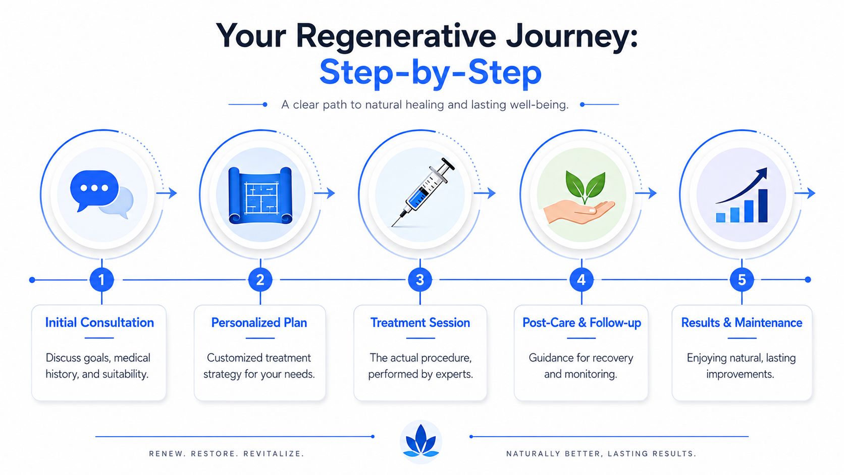 A five-step infographic showing the regenerative medicine journey from consultation and personalized planning to treatment and maintenance.