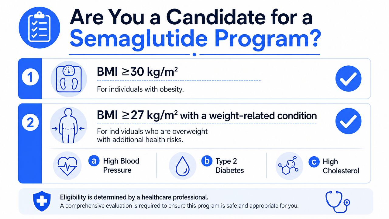 An infographic outlining the medical eligibility criteria for a semaglutide weight loss program based on BMI.
