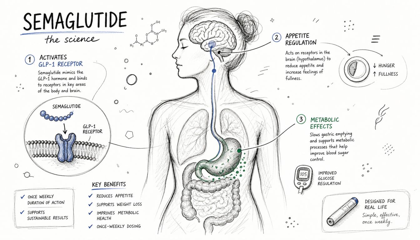An infographic illustrating how semaglutide works in the body to regulate appetite, metabolism, and blood sugar levels.