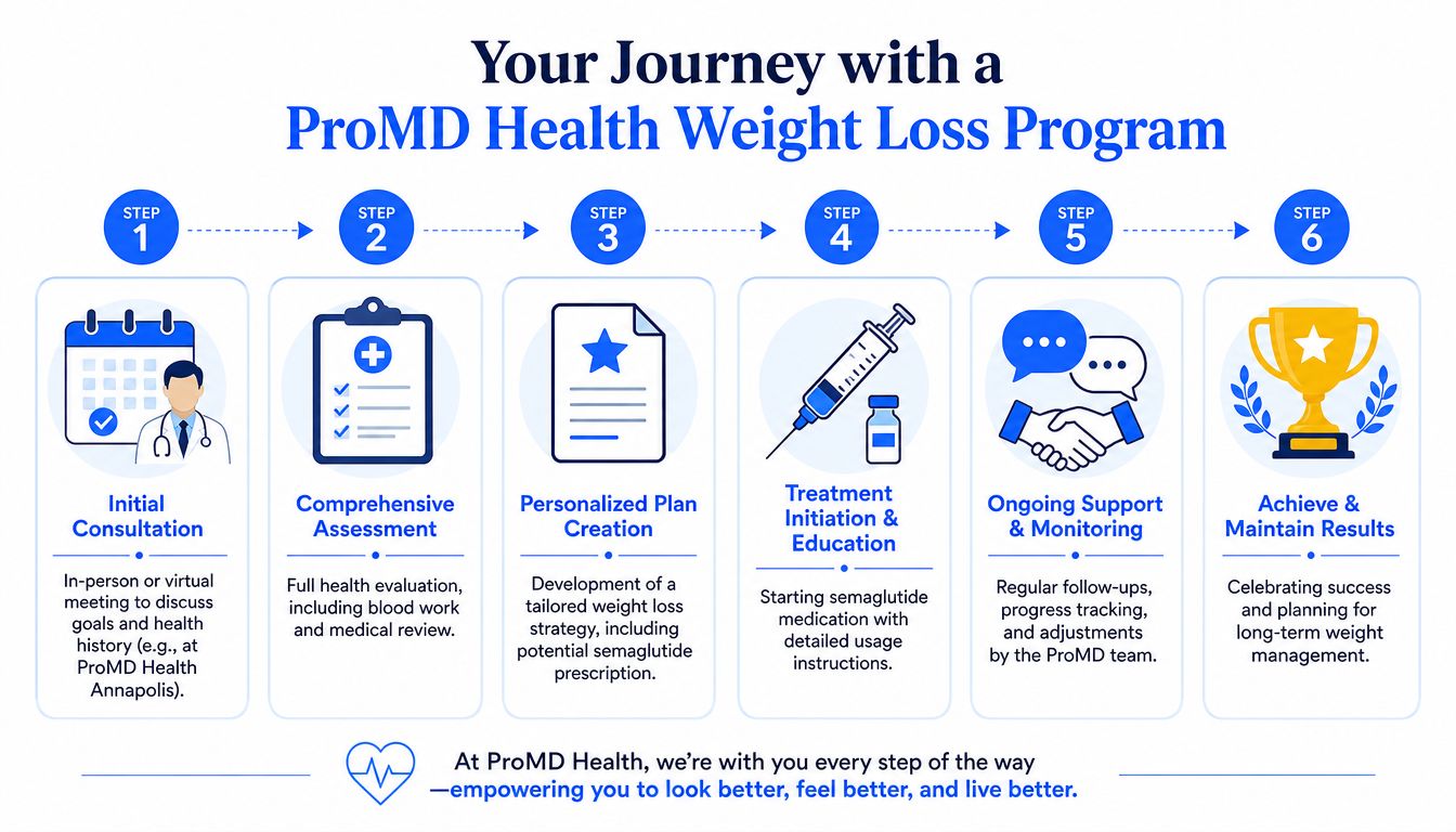 A six-step infographic illustrating the ProMD Health weight loss journey, starting from consultation to achieving long-term results.