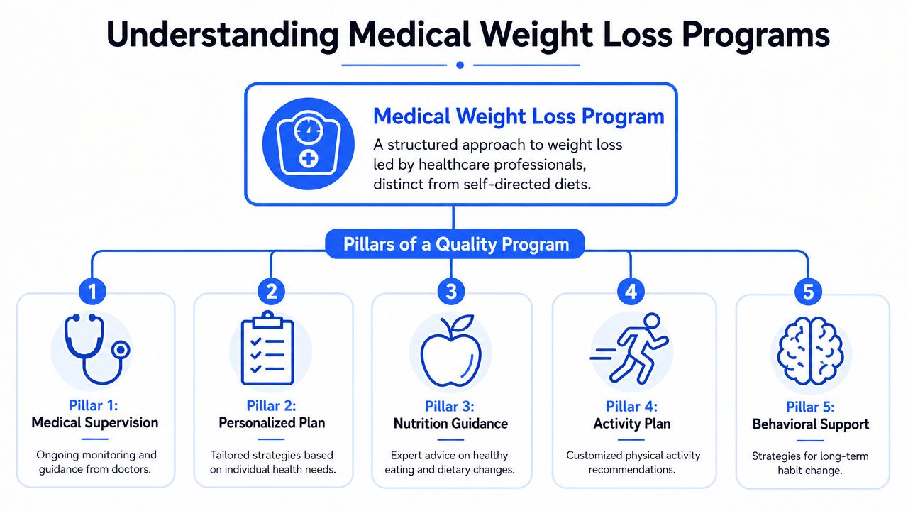 An infographic detailing the five essential pillars of a professional medical weight loss program.