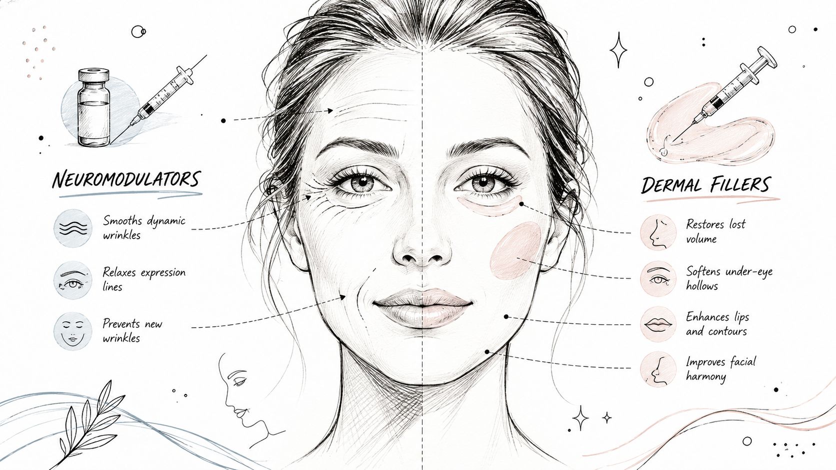 An illustrated comparison guide showing how neuromodulators and dermal fillers target specific facial areas for rejuvenation.