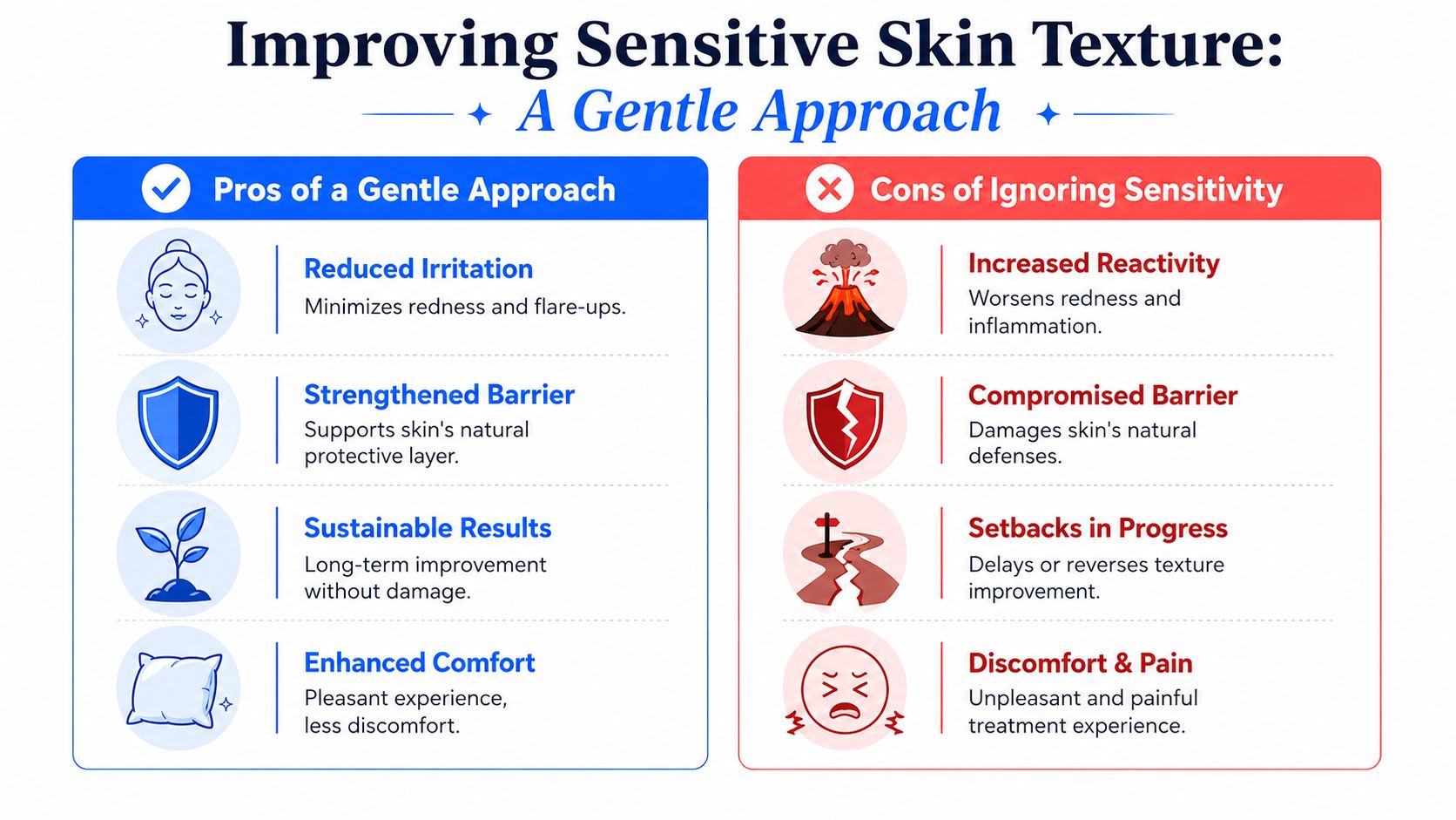 An infographic comparing the benefits of a gentle approach versus the drawbacks of ignoring sensitive skin.