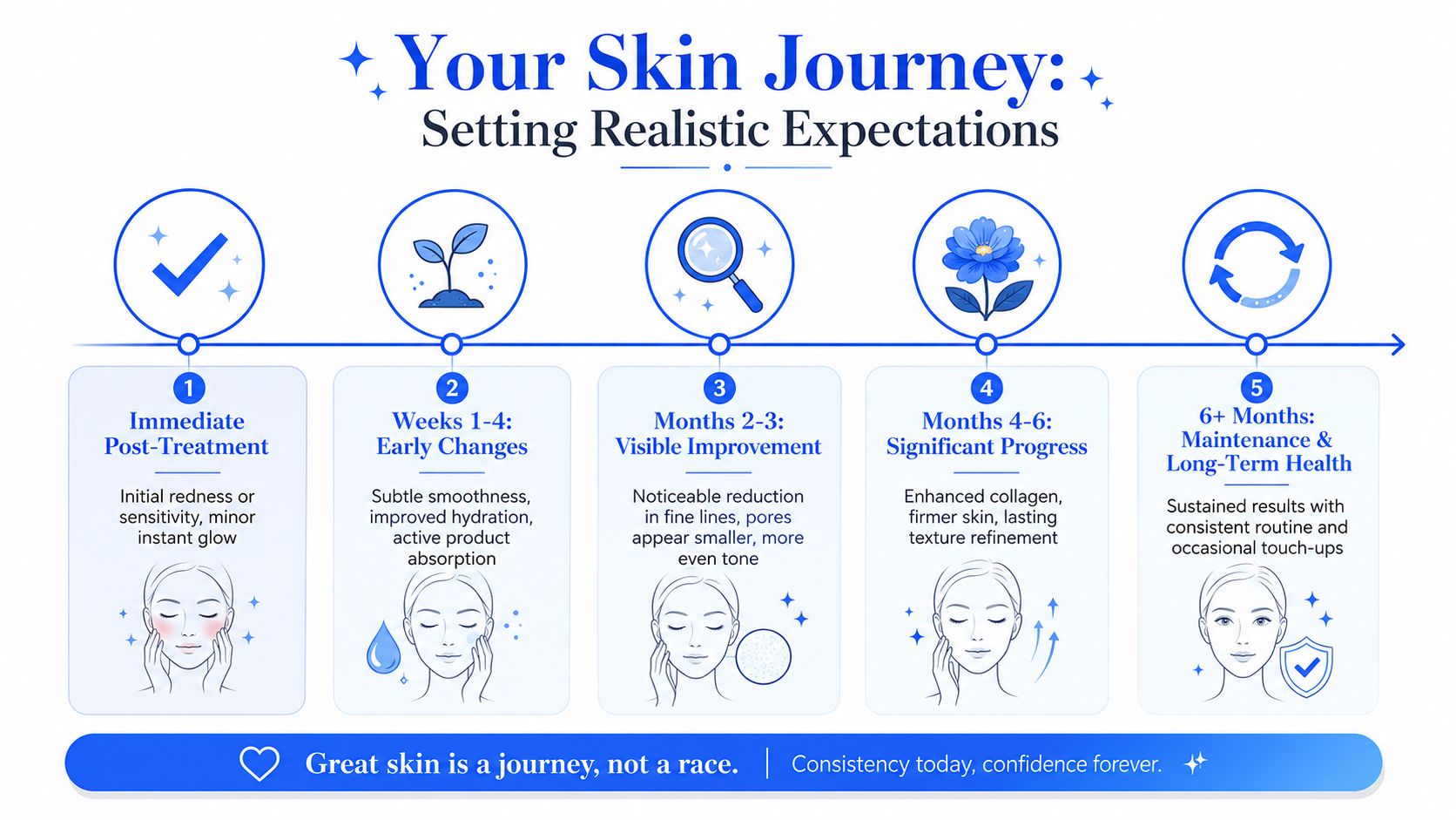 A timeline infographic titled Your Skin Journey showing five stages of skin improvement after professional treatments.
