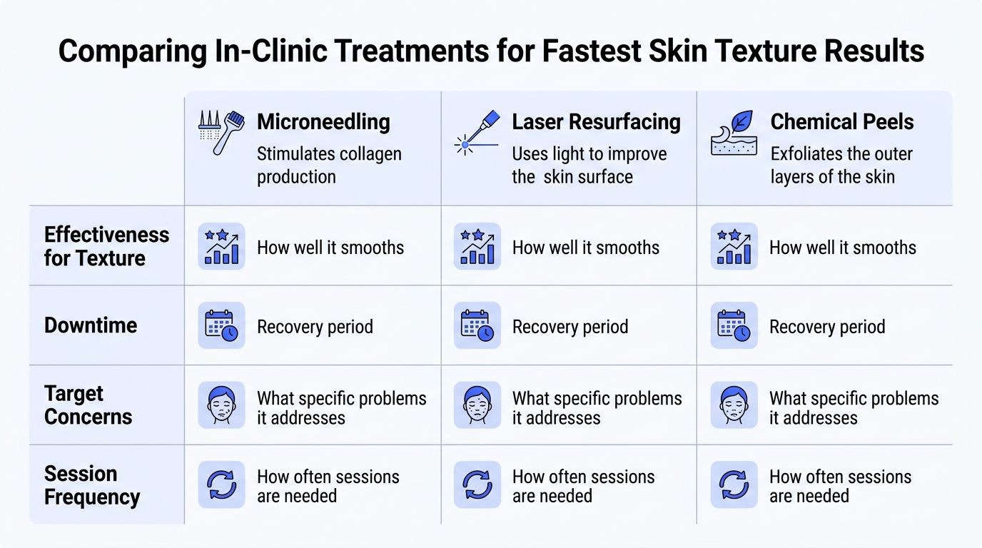 A comparison chart outlining the benefits, downtime, and frequency of microneedling, laser resurfacing, and chemical peels.