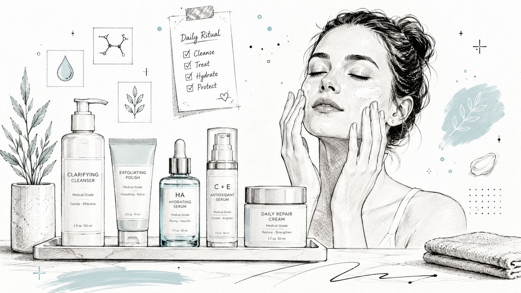 A pencil sketch of a woman performing her daily skincare routine with various bottled products.
