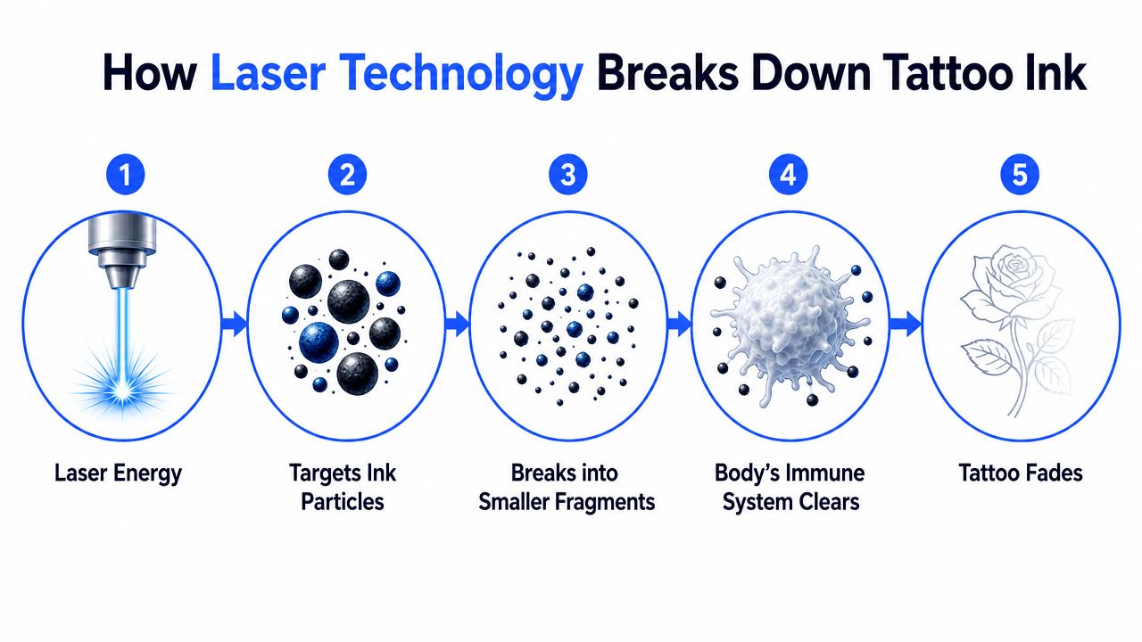 A five-step diagram showing how laser technology breaks down and fades tattoo ink in the skin.