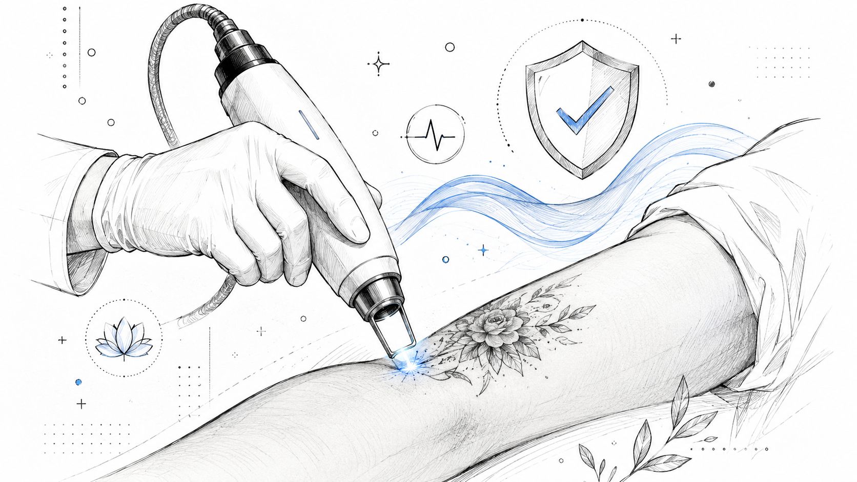 A professional laser device removing a floral tattoo from an arm in a clean clinic setting.