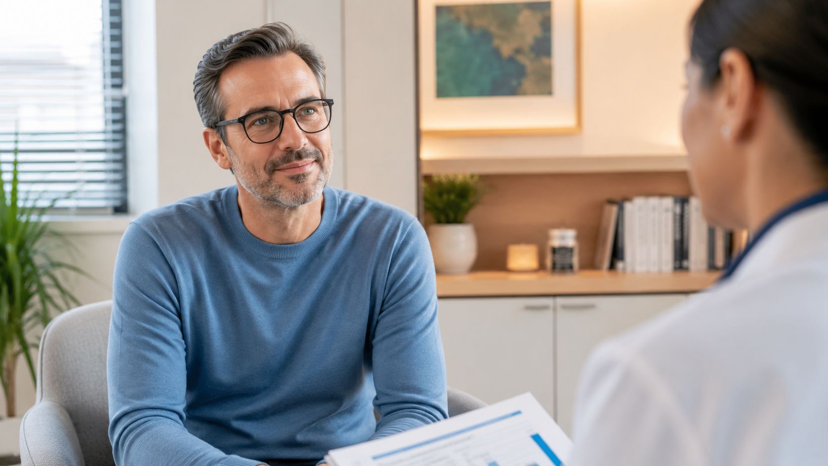 A mature man in a blue sweater having a medical consultation with a professional doctor in an office