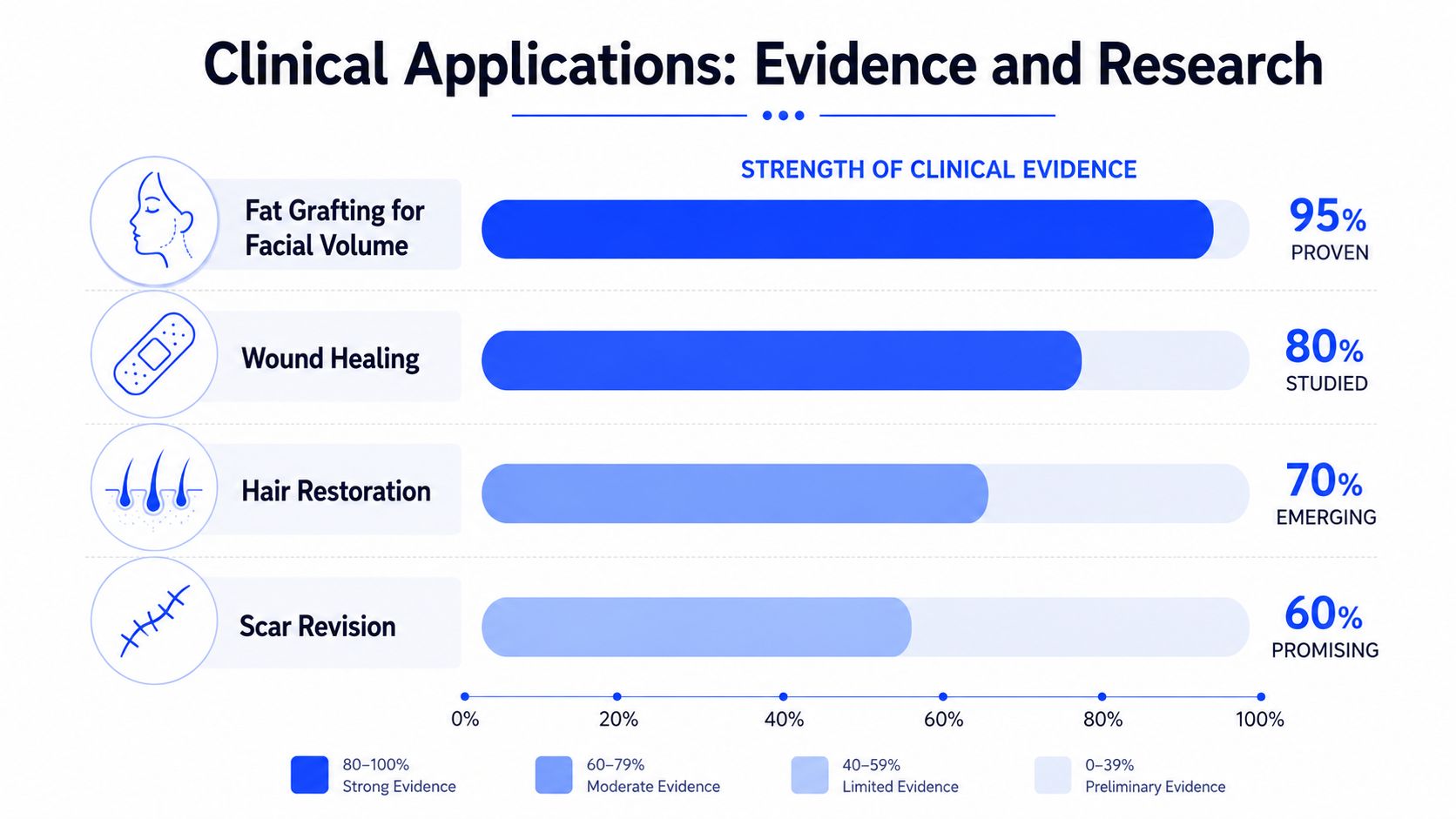 A chart showing clinical evidence strengths for various applications of adipose derived stem cell treatments.
