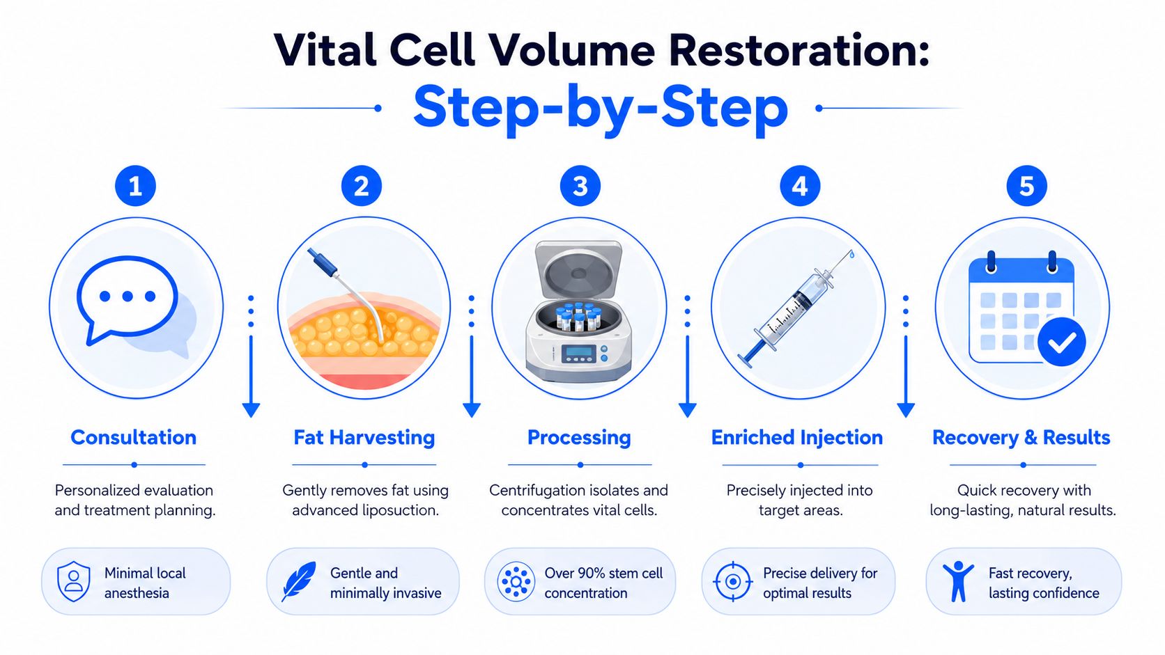 A step-by-step infographic showing the vital cell volume restoration process including consultation, fat harvesting, processing, injection, and recovery.