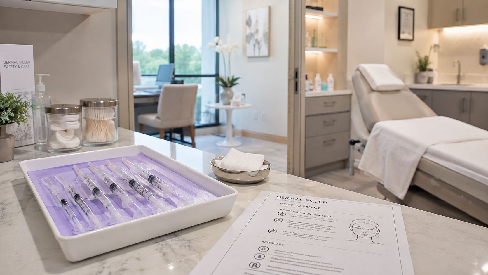 Medical office setup featuring dermal filler syringes on a tray next to patient aftercare information instructions.