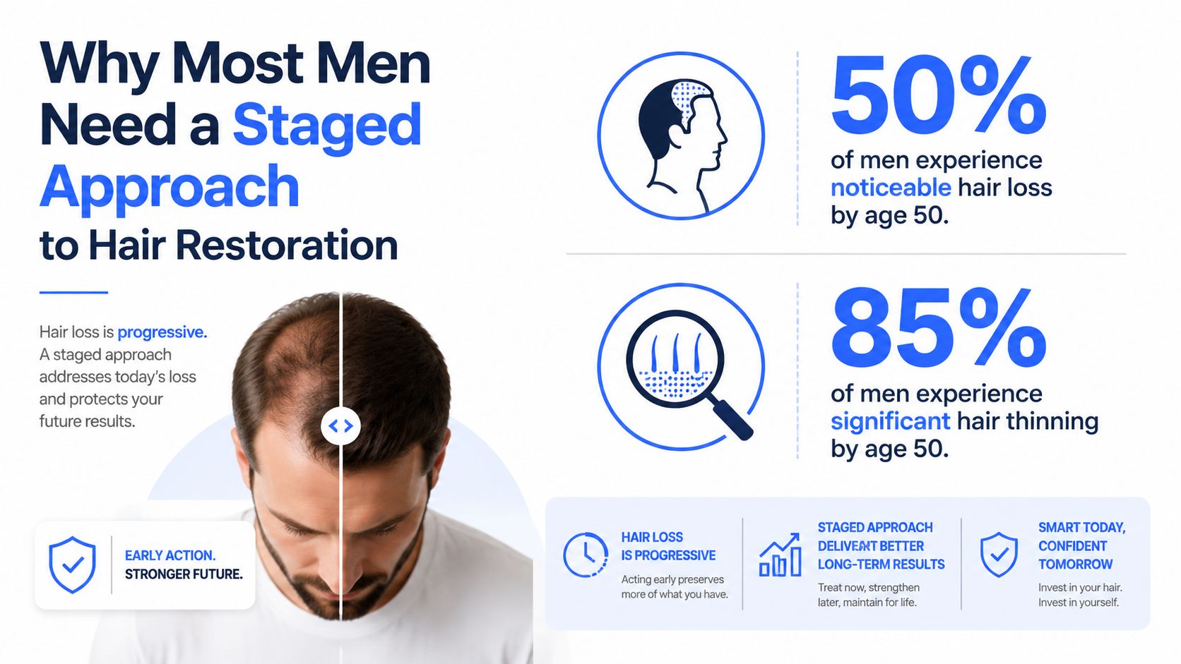 An infographic explaining why a staged approach to hair restoration is beneficial for men experiencing progressive hair loss.