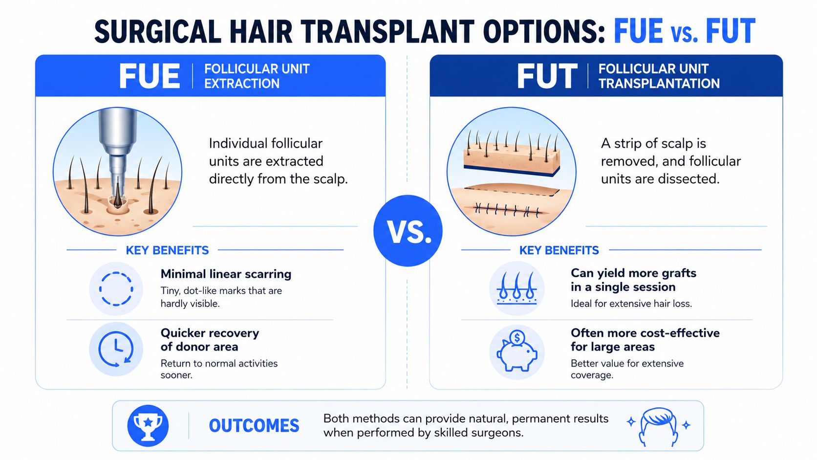 A comparison infographic between FUE and FUT hair transplant surgical options for hair restoration.