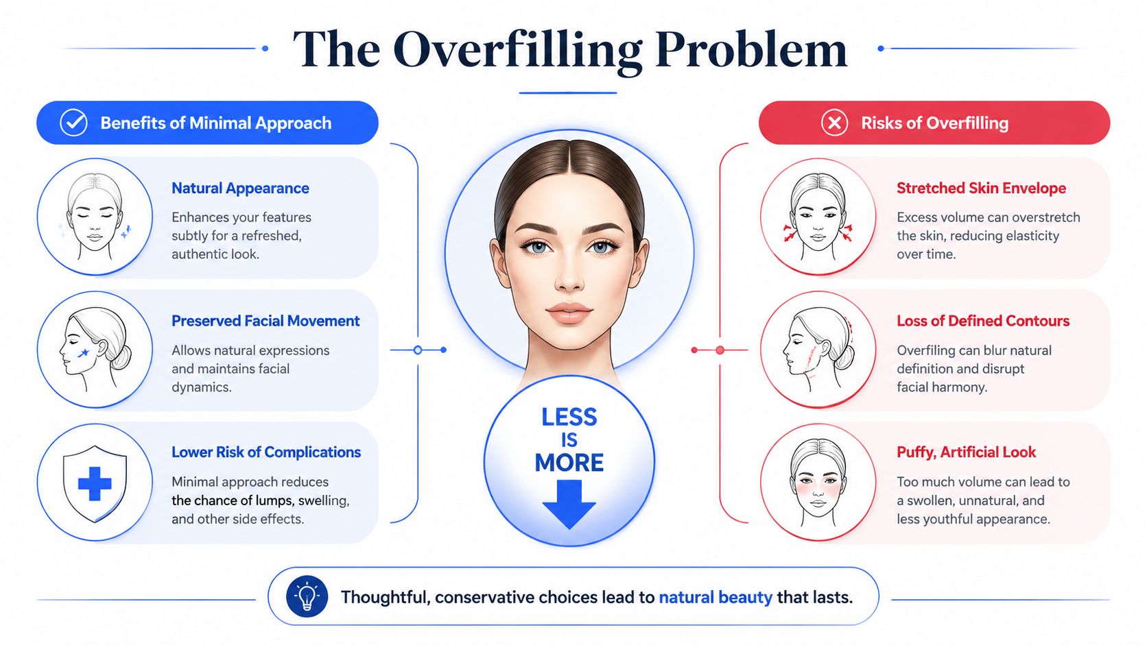 An infographic comparing the benefits of a minimal cosmetic filler approach versus the risks of facial overfilling.
