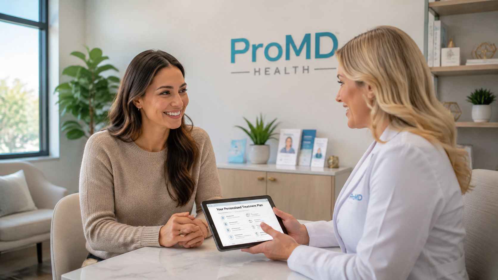 A female patient smiling while consulting with a medical professional at a ProMD Health medical clinic.