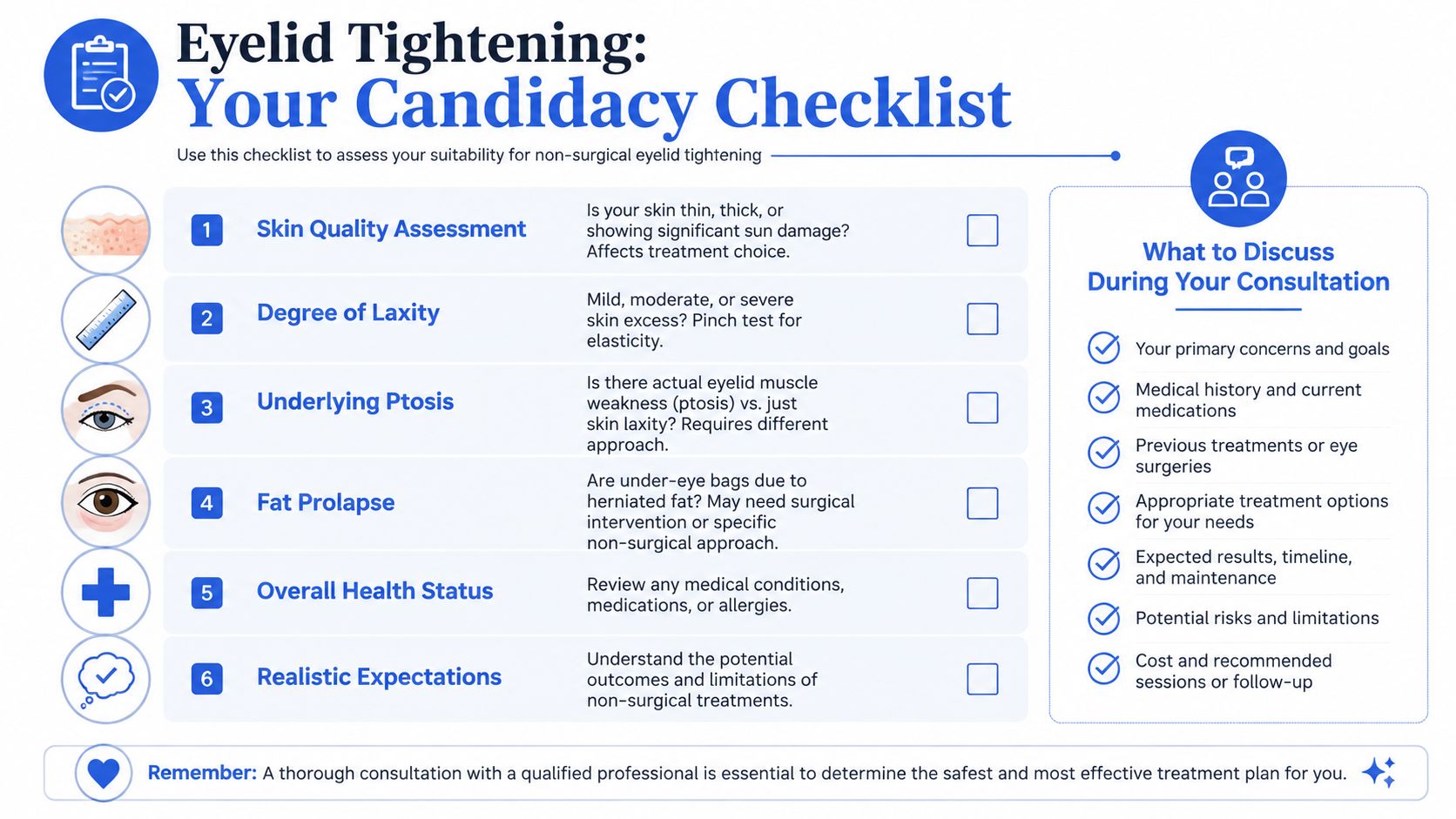 An infographic checklist outlining key considerations for assessing candidacy for non-surgical eyelid tightening procedures.