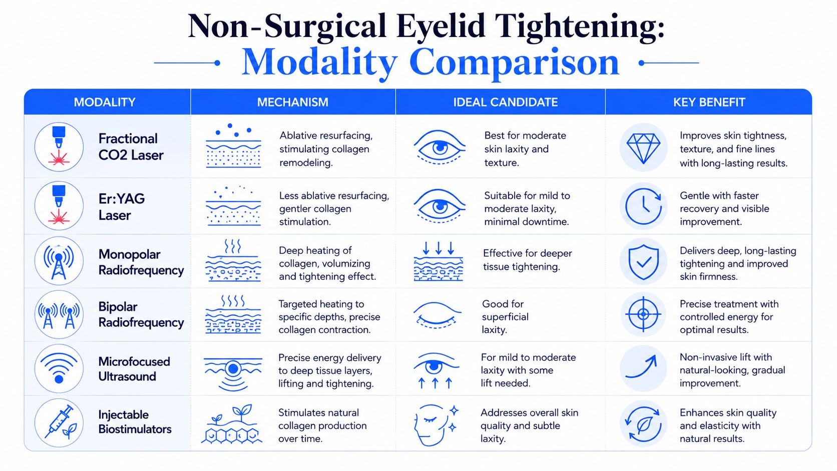 A comparison chart outlining six non-surgical eyelid tightening modalities, their mechanisms, ideal candidates, and key benefits.
