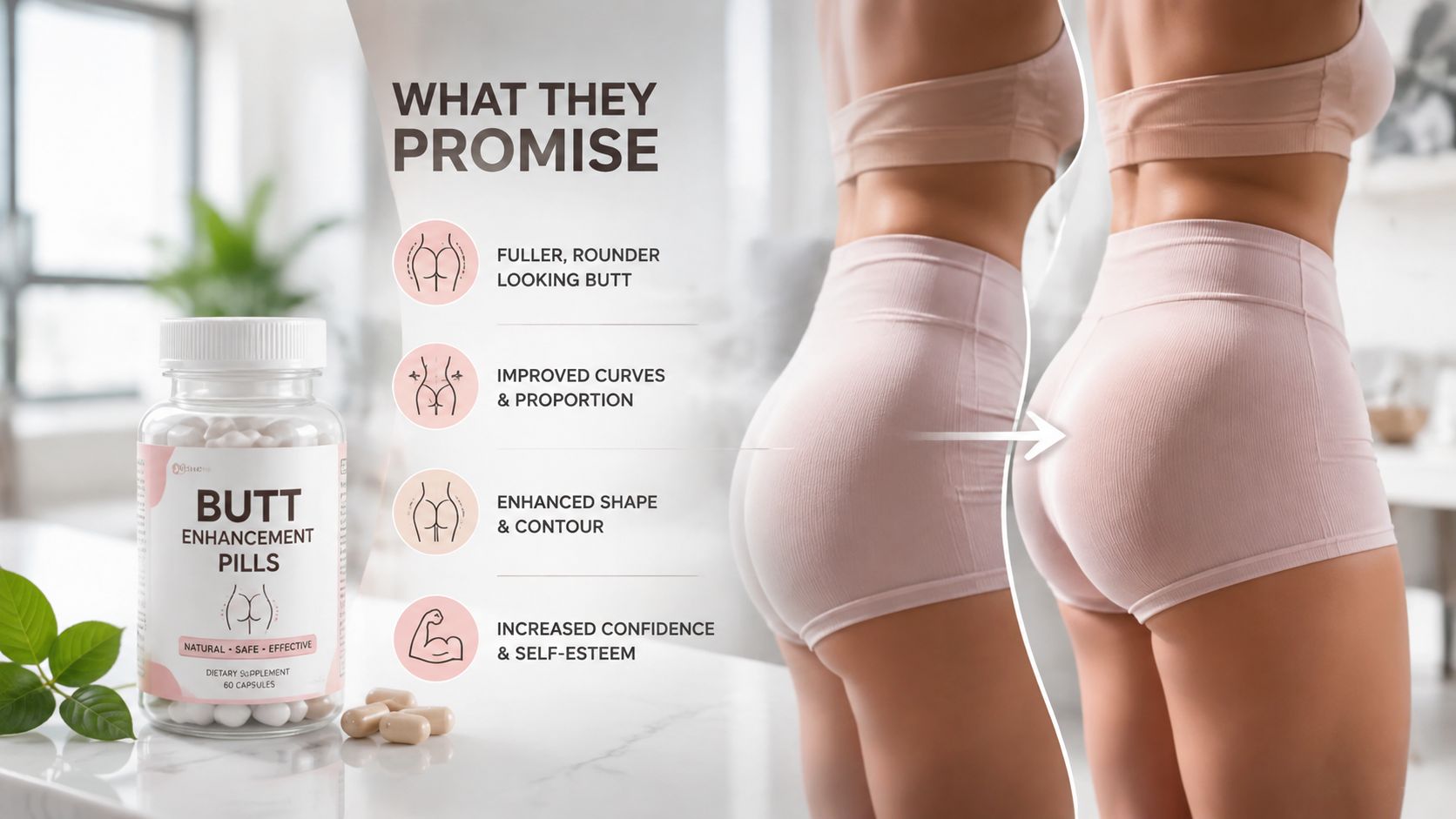 A bottle of butt enhancement pills beside a side-by-side comparison of a woman's body transformation.