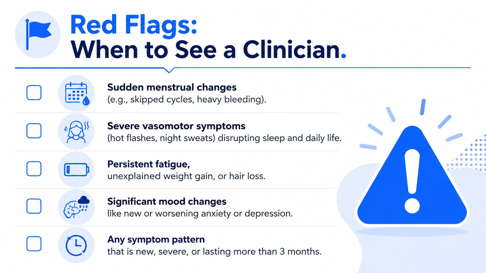 A list of red flag symptoms indicating when women should consult a clinician about hormonal health.