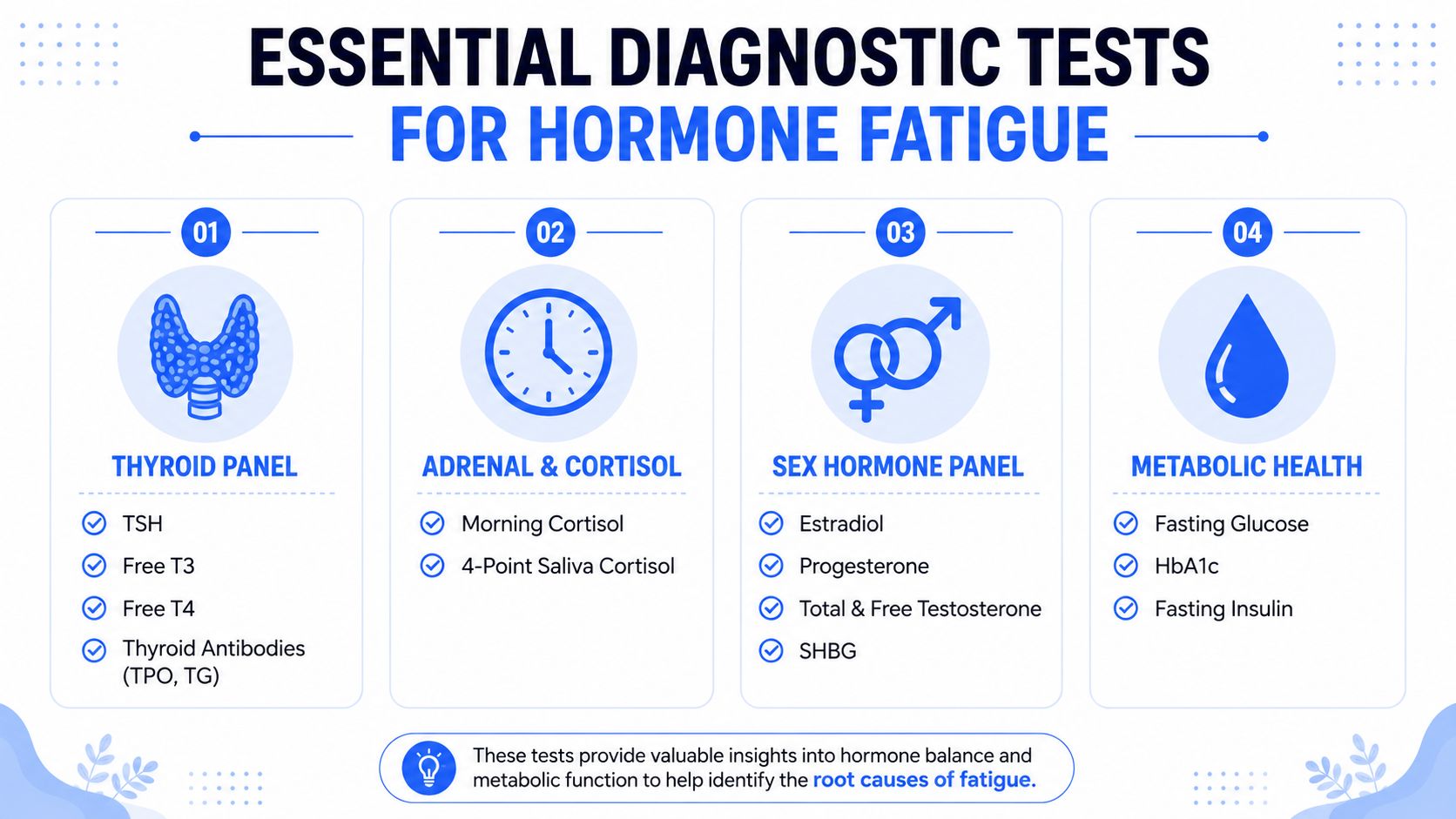 A diagnostic infographic detailing four essential medical test categories to evaluate hormone imbalance and chronic fatigue.