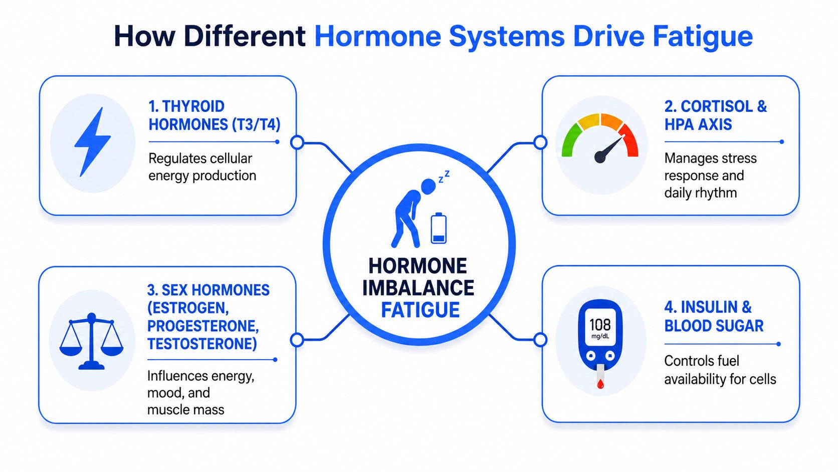 A diagram illustrating how four different hormone systems, including thyroid and insulin, contribute to bodily fatigue.