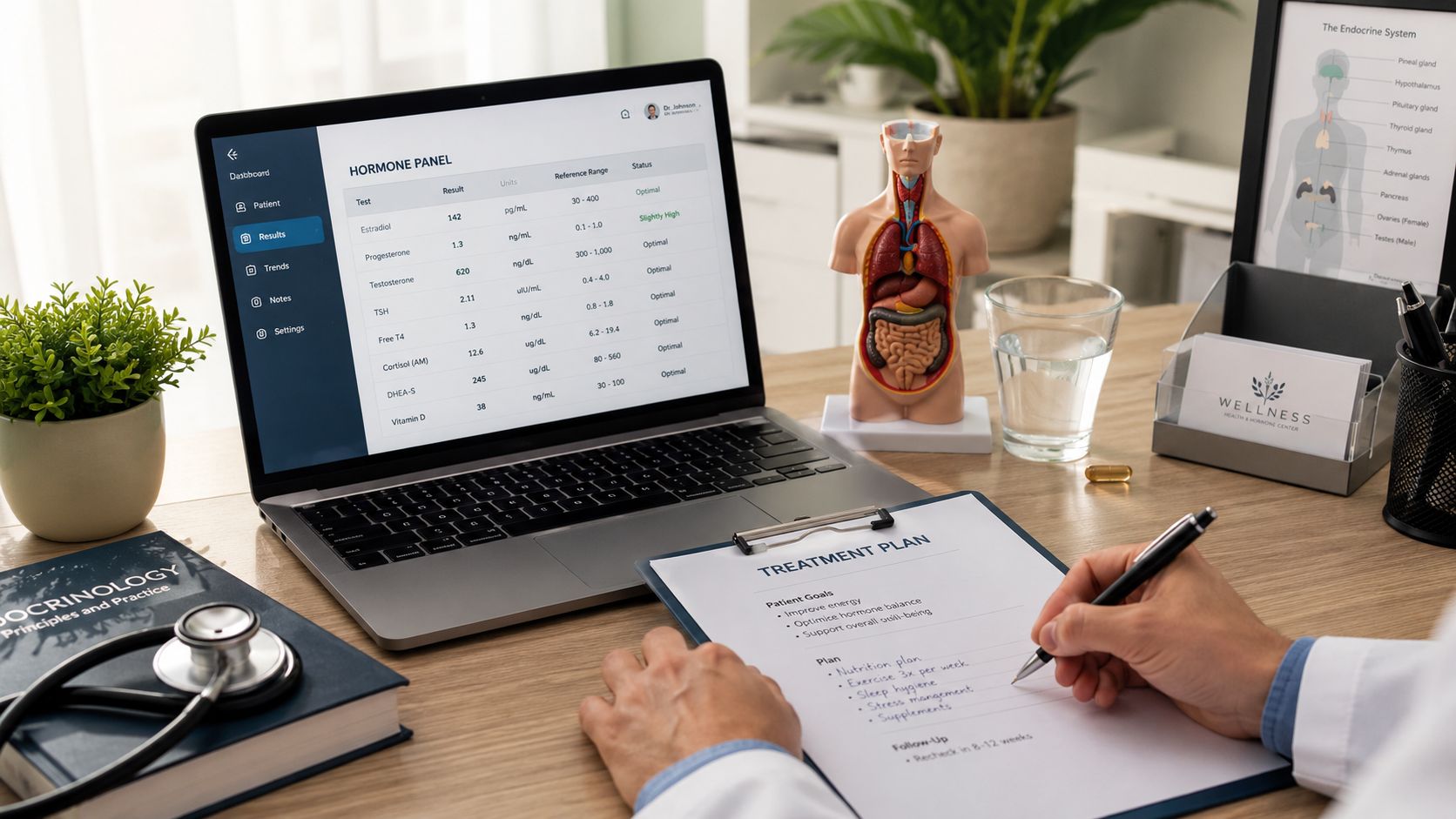 A doctor writes a treatment plan at a desk featuring an endocrinology book, laptop, and model.