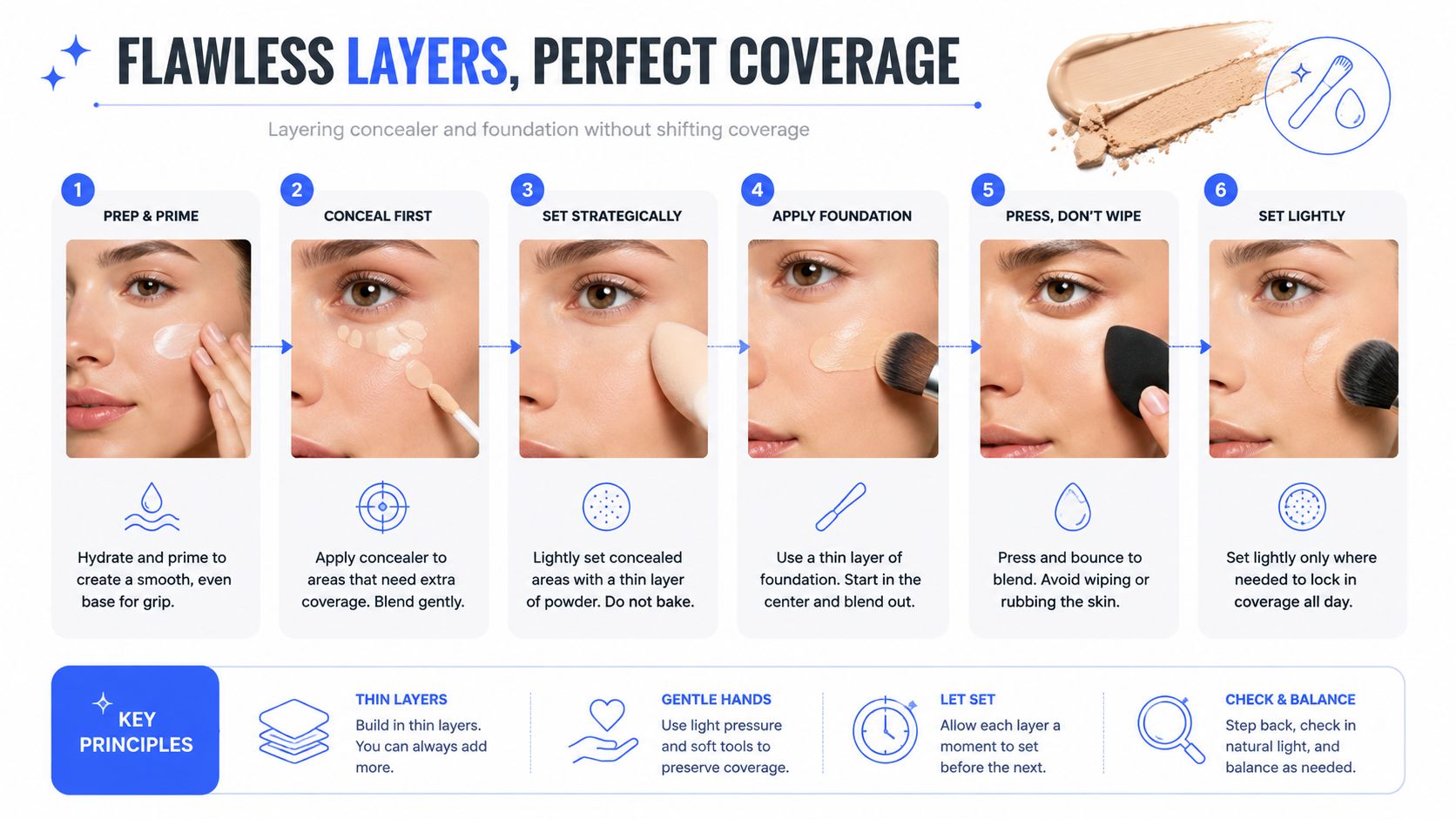 A six-step makeup tutorial infographic illustrating how to layer concealer and foundation for perfect, long-lasting skin coverage.