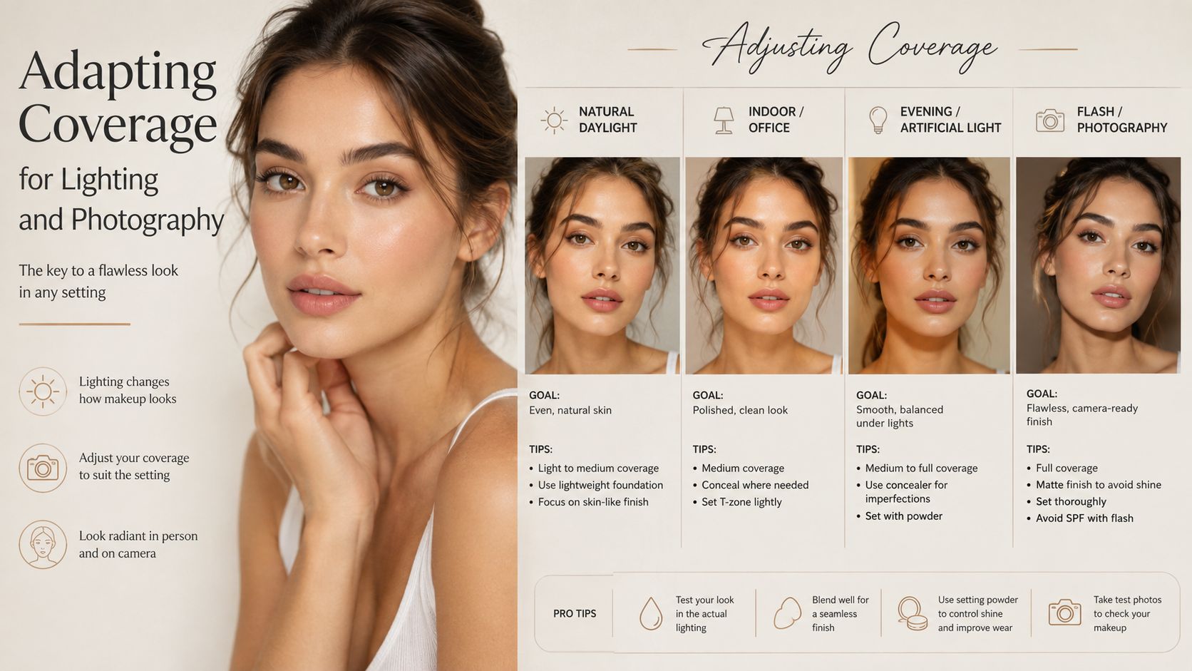 An infographic showing how to adapt makeup coverage for different lighting settings like daylight, office, evening, and flash photography.