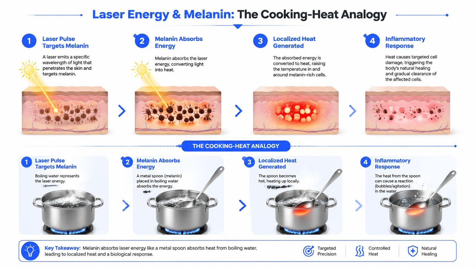 A diagram explaining laser energy absorption by melanin using a cooking-heat analogy for skin treatment processes.