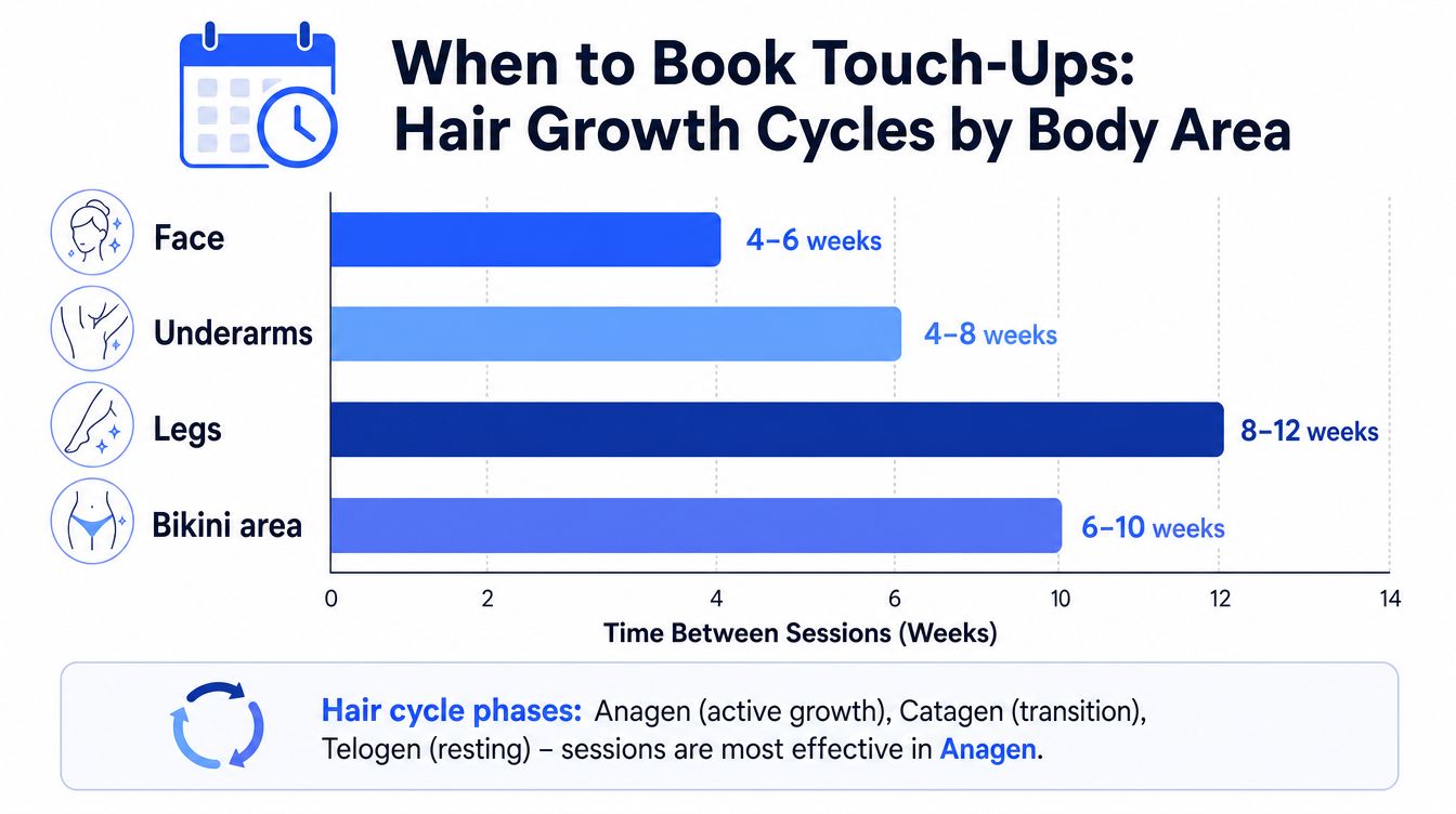A chart showing recommended time intervals in weeks for laser hair removal touch-up sessions by body area.