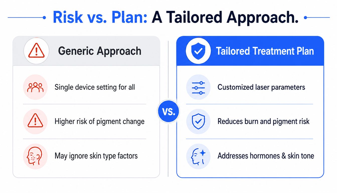 A comparison chart showing the benefits of a customized laser hair removal treatment plan versus a generic approach.