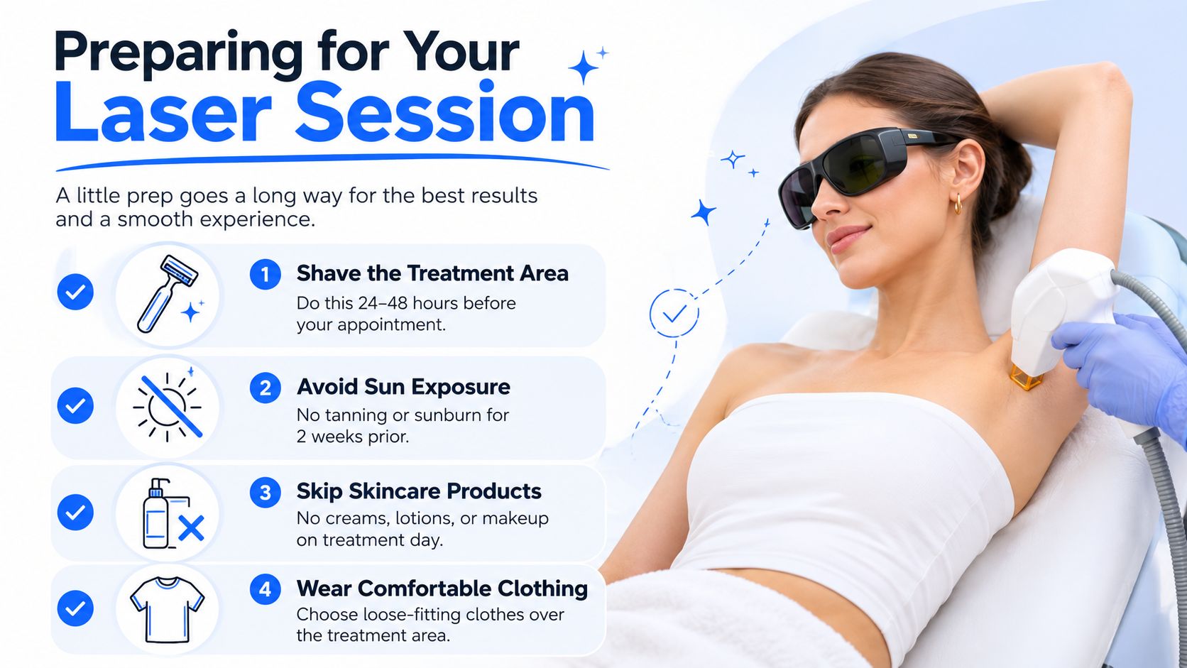 A woman receiving laser hair removal with instructions for preparing for the treatment session.
